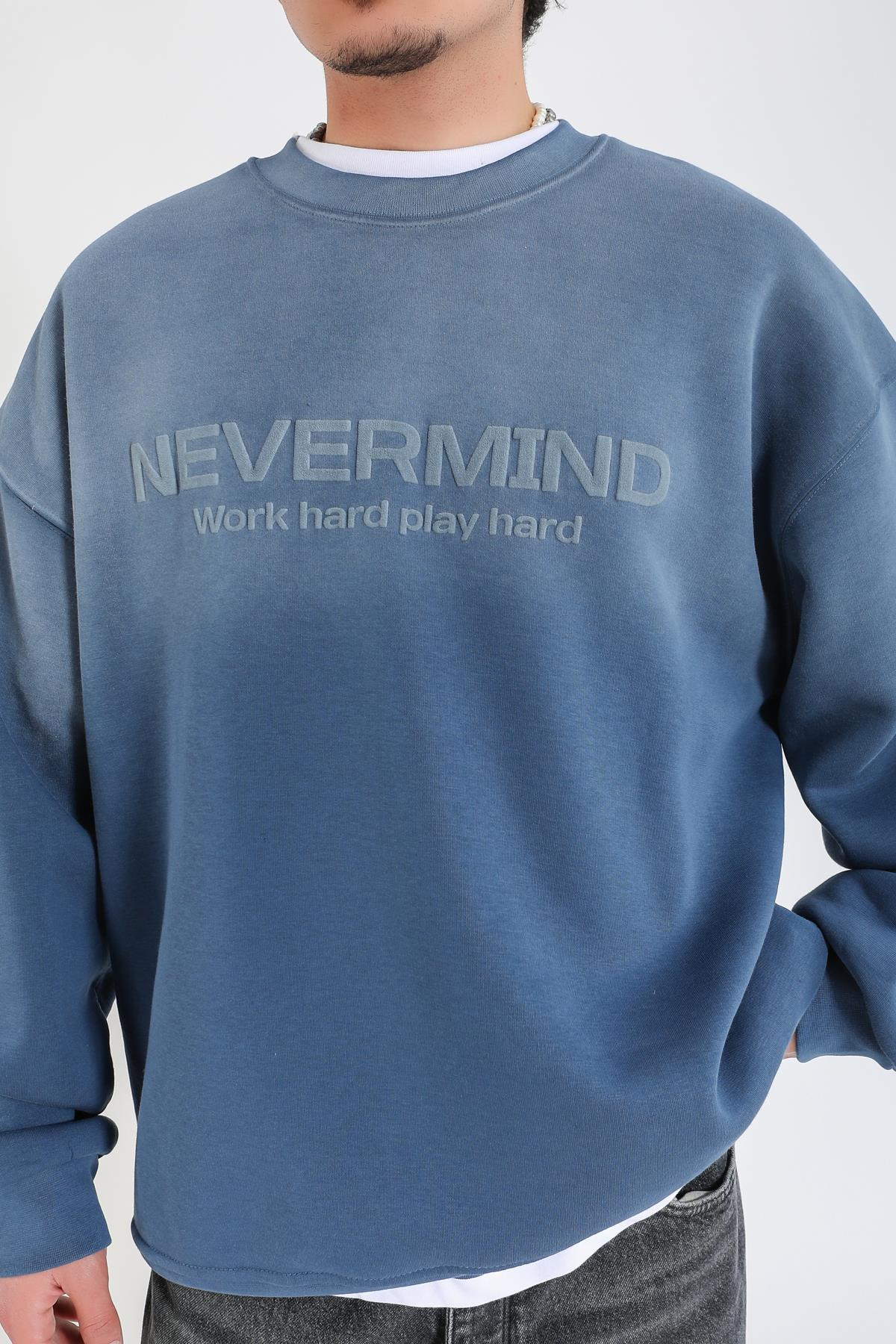 Nevermind Baskılı Acid Wash İndigo Oversize Sweatshirt SW1388