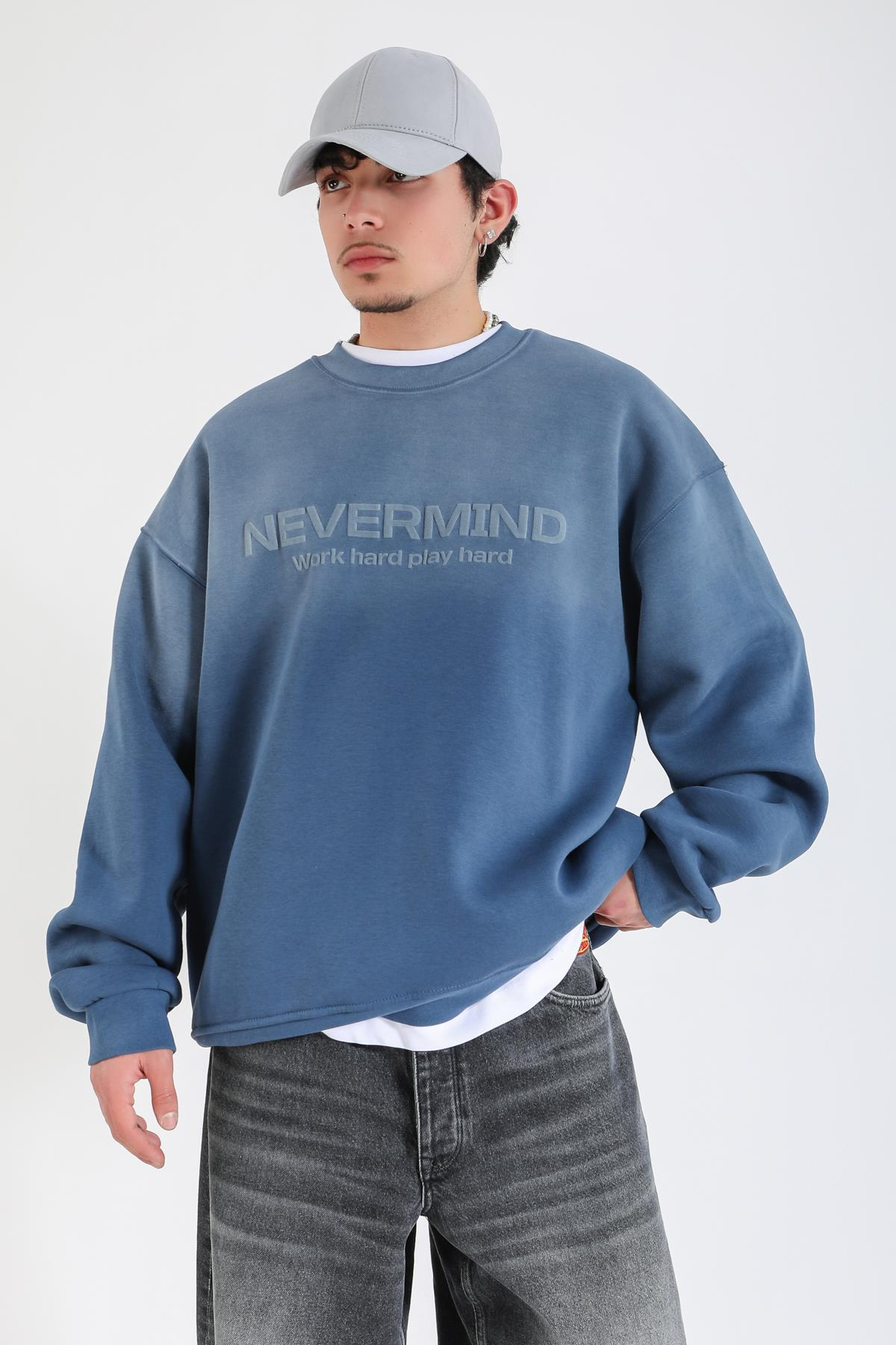 Nevermind Baskılı Acid Wash İndigo Oversize Sweatshirt SW1388