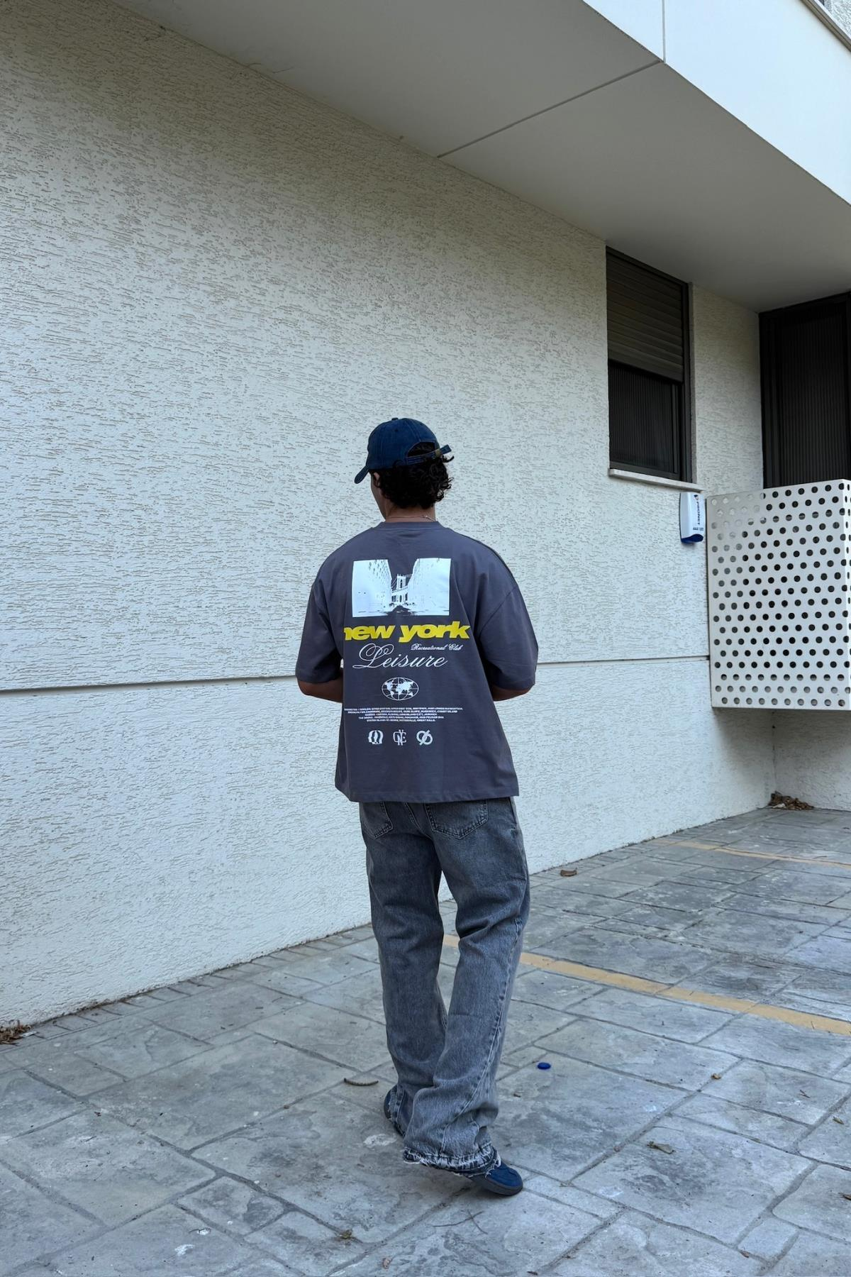 New York Baskılı Gri Oversize Tshirt