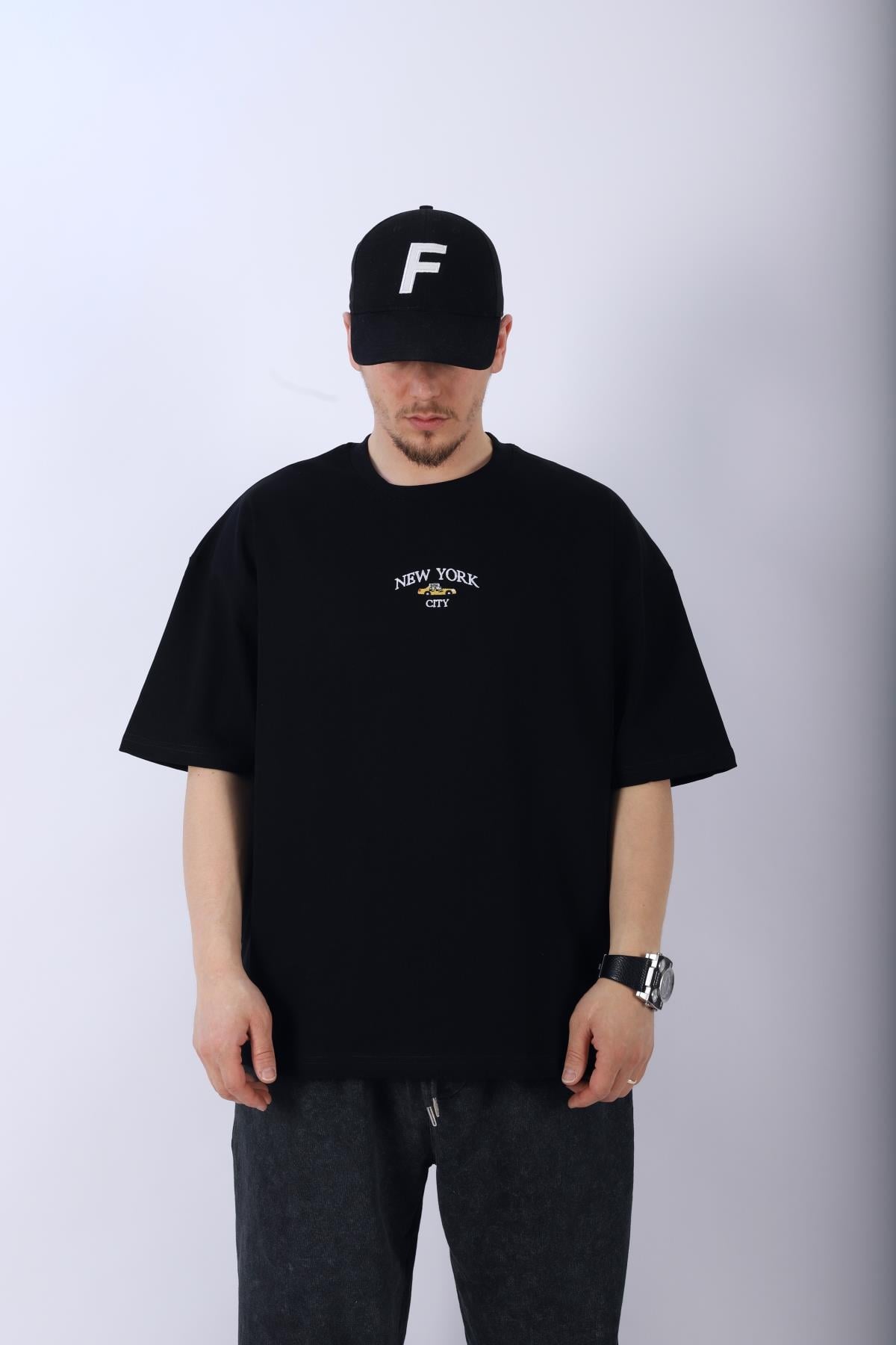 New York Baskılı Siyah Oversize Tshirt T954