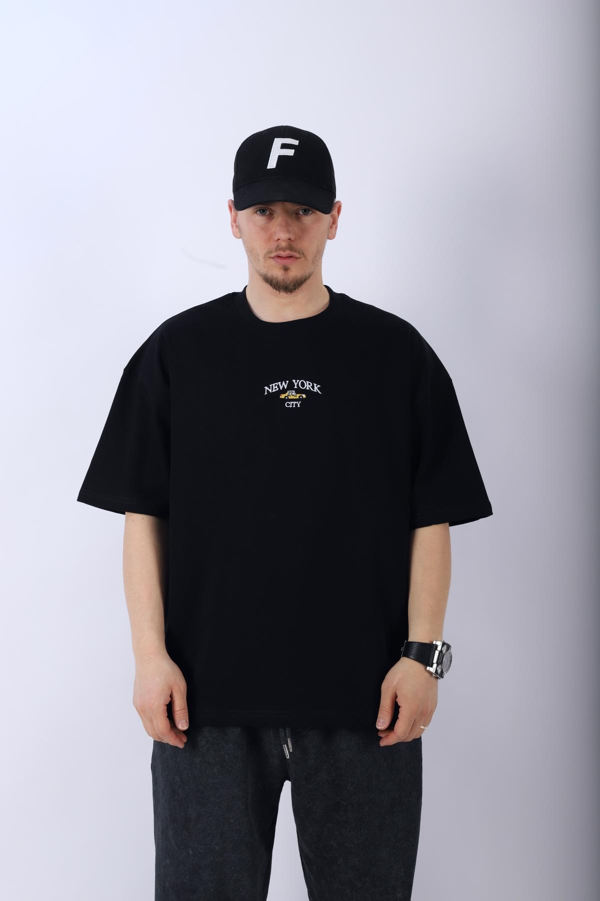 New York Baskılı Siyah Oversize Tshirt T954