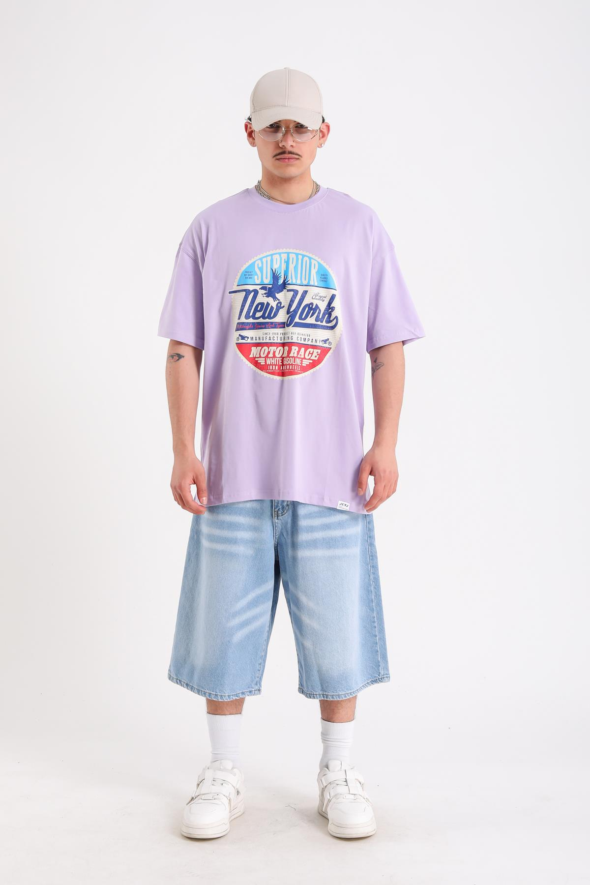 Newyork Baskılı Lila Oversize Tshirt