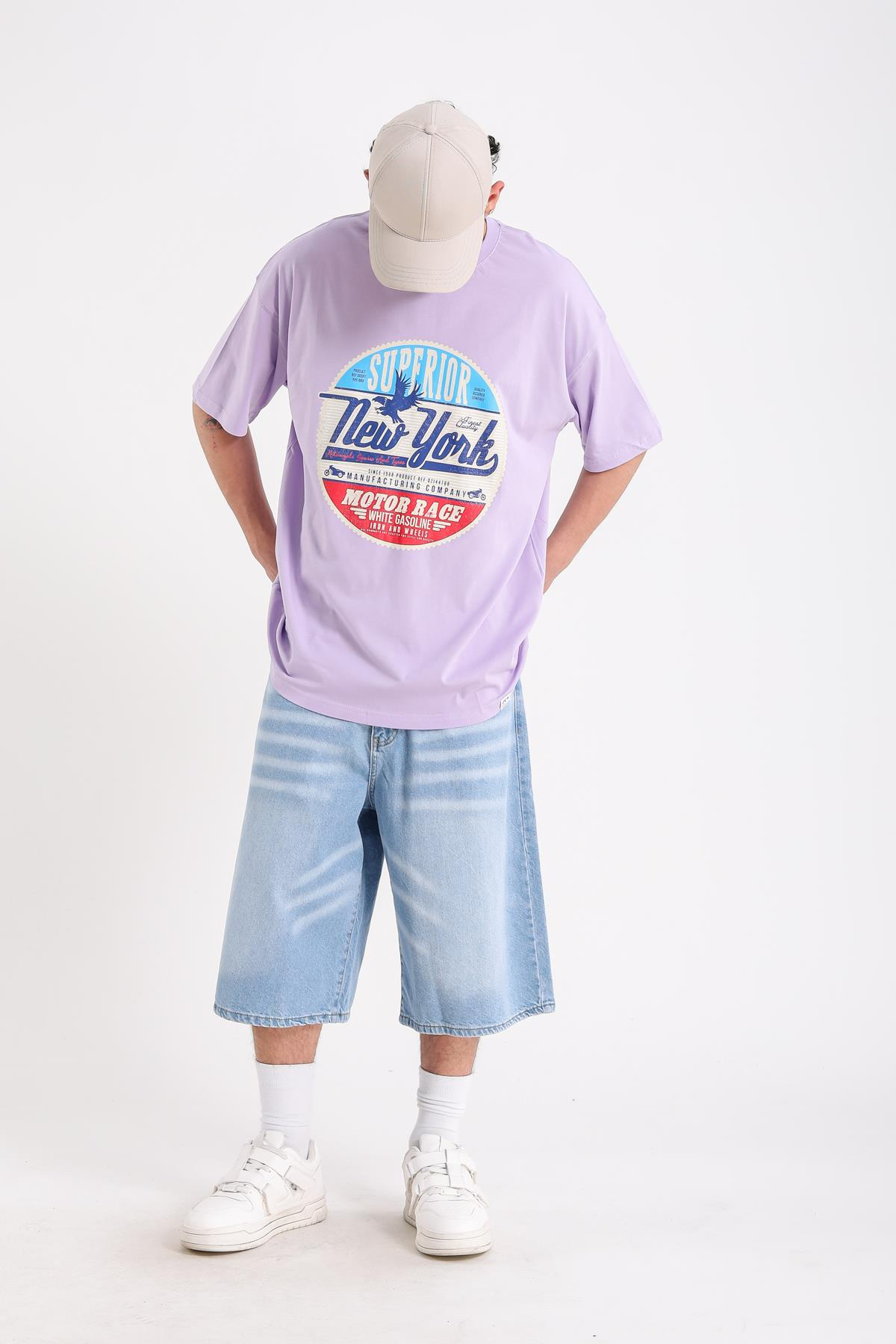 Newyork Baskılı Lila Oversize Tshirt