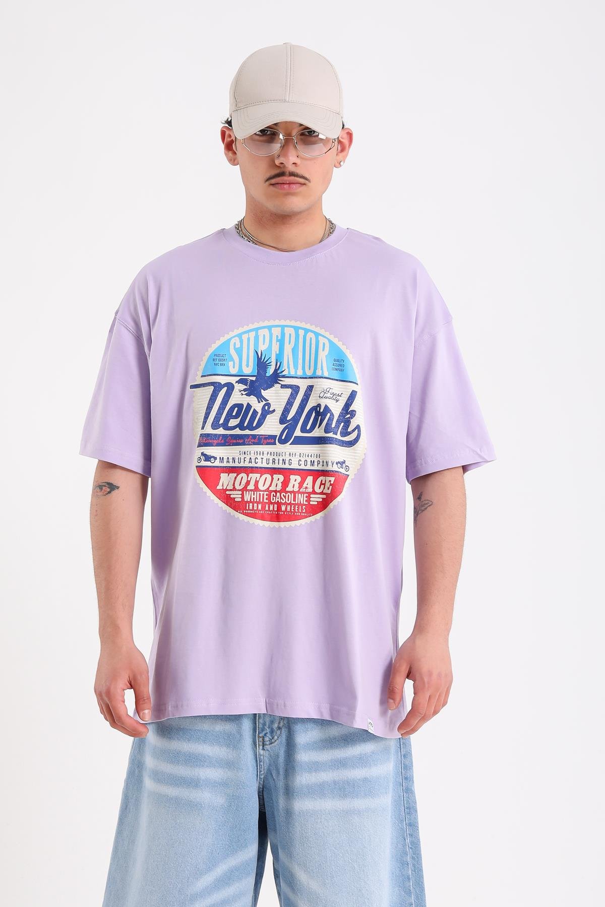 Newyork Baskılı Lila Oversize Tshirt
