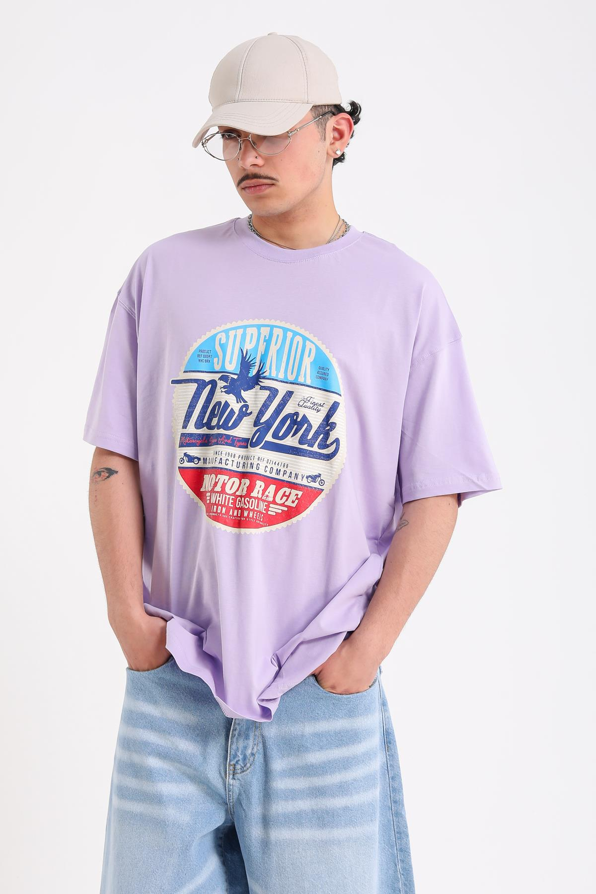 Newyork Baskılı Lila Oversize Tshirt