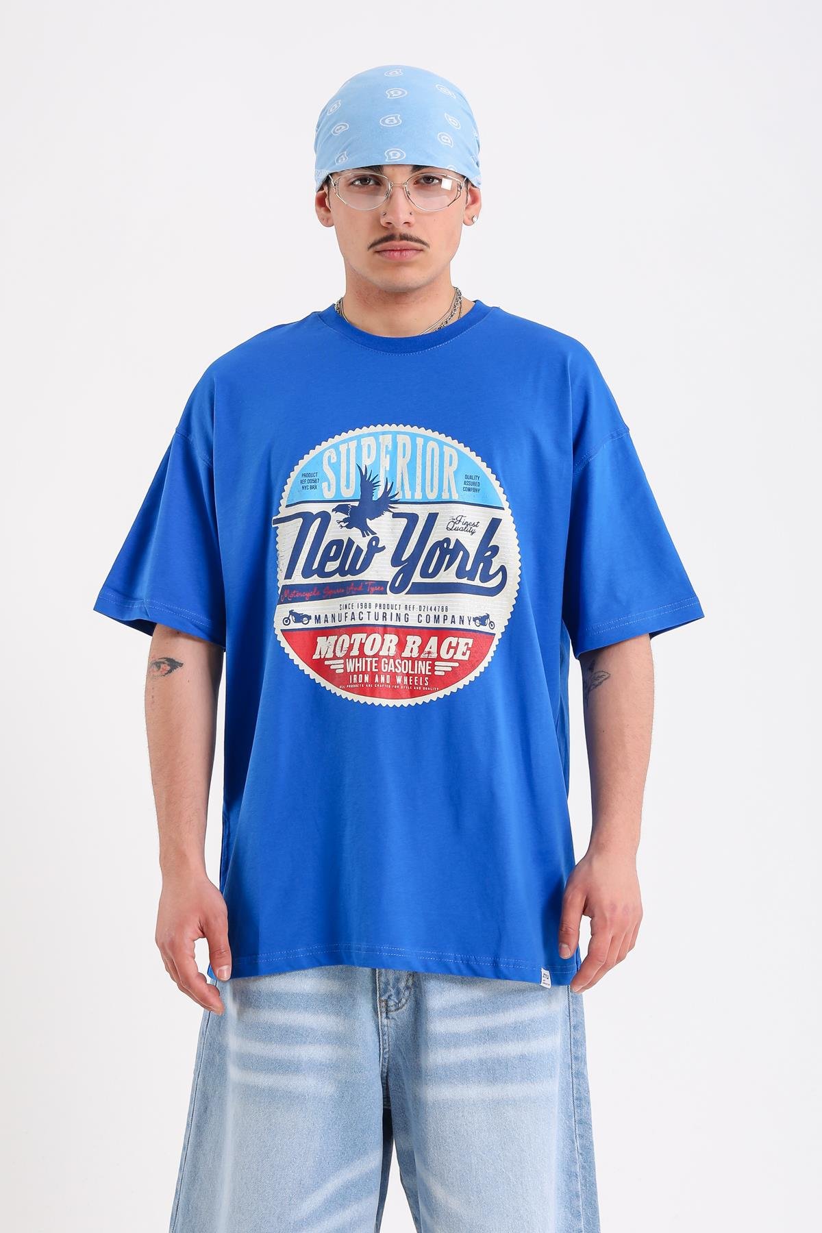 Newyork Baskılı Mavi Oversize Tshirt