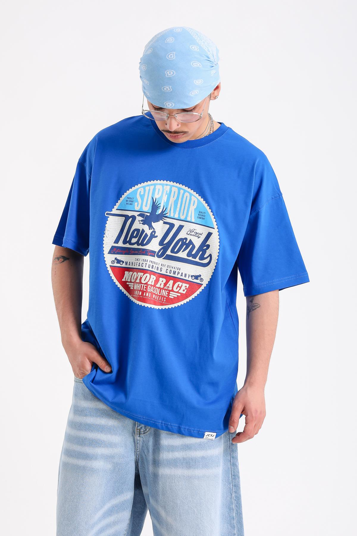 Newyork Baskılı Mavi Oversize Tshirt