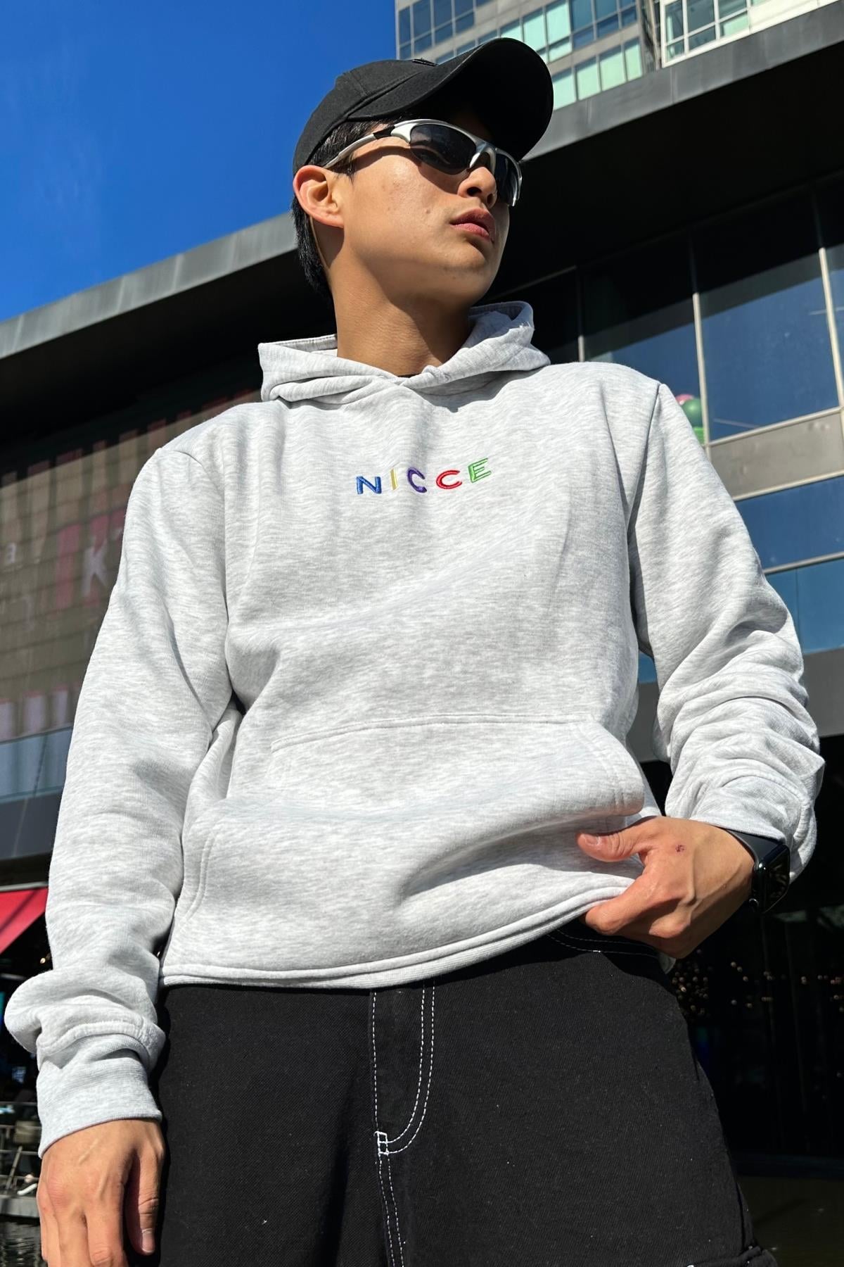Nicce Nakışlı Gri Oversize Sweatshirt SW1013