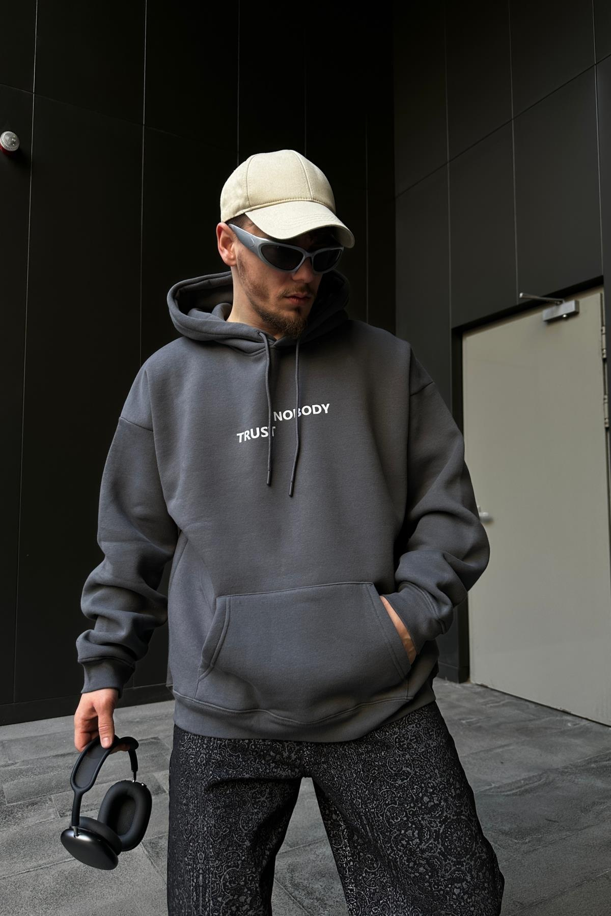 Nobody Baskılı Füme Oversize Hoodie SW1110