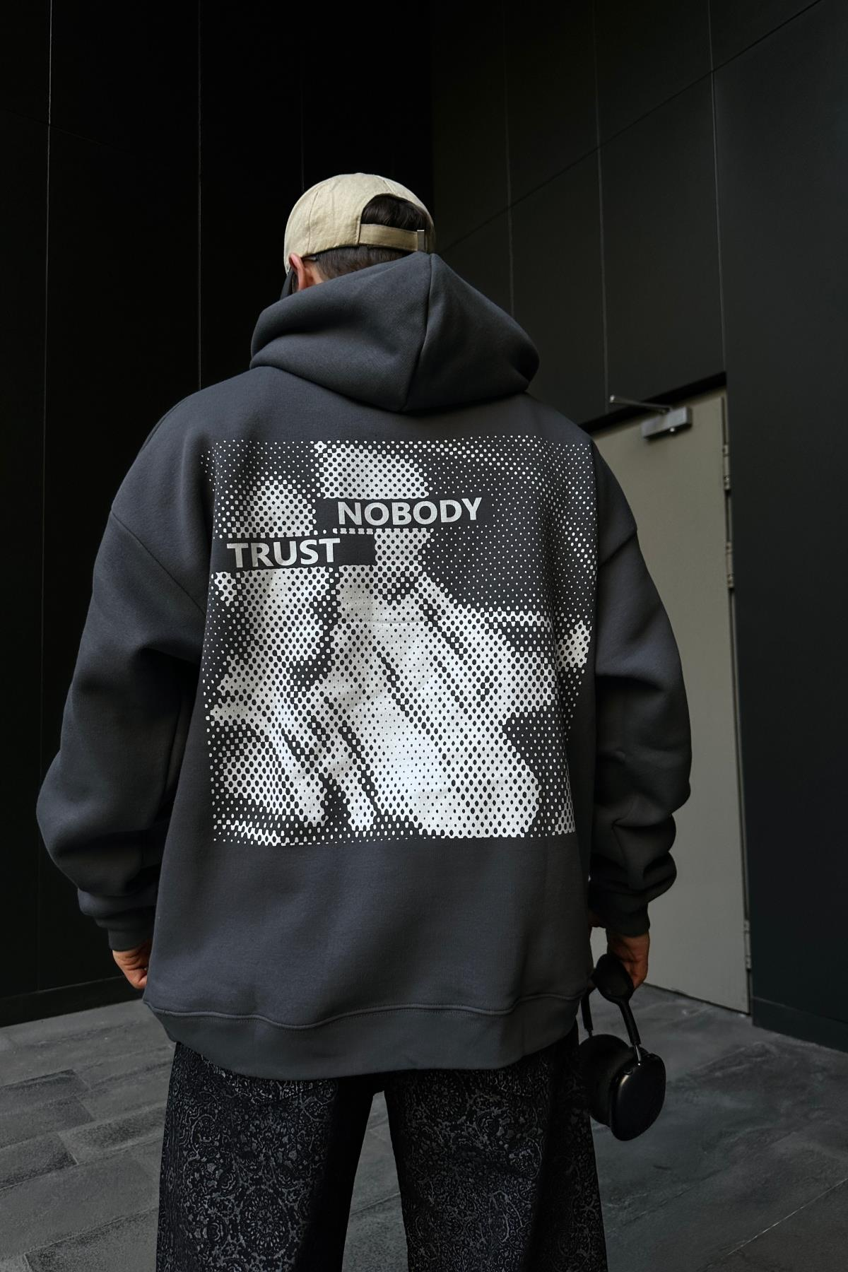Nobody Baskılı Füme Oversize Hoodie SW1110