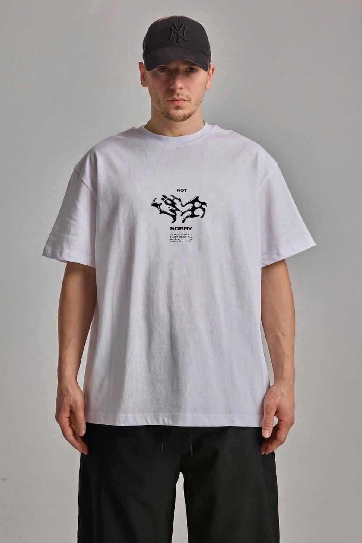 Not Sorry Baskılı Beyaz Oversize Tshirt