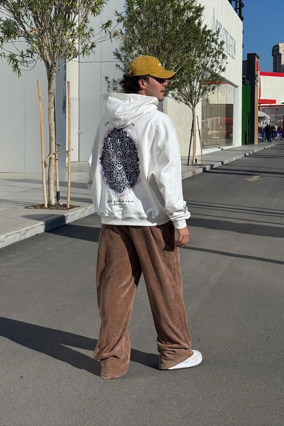 Old Vibes Nakışlı Krem Oversize Hoodie JC01