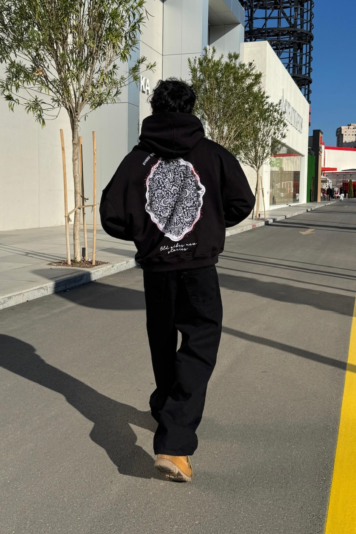 Old Vibes Nakışlı Siyah Oversize Hoodie JC01