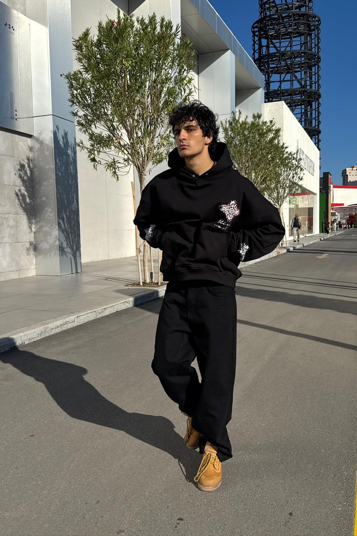 Old Vibes Nakışlı Siyah Oversize Hoodie JC01