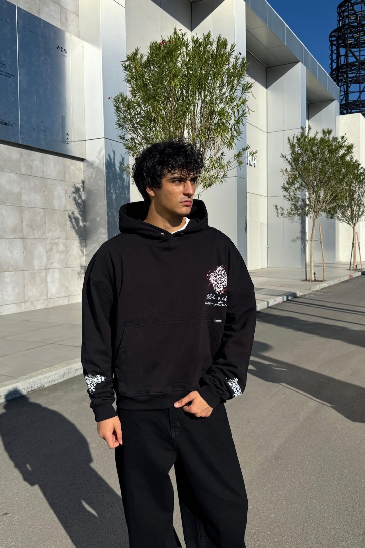 Old Vibes Nakışlı Siyah Oversize Hoodie JC01