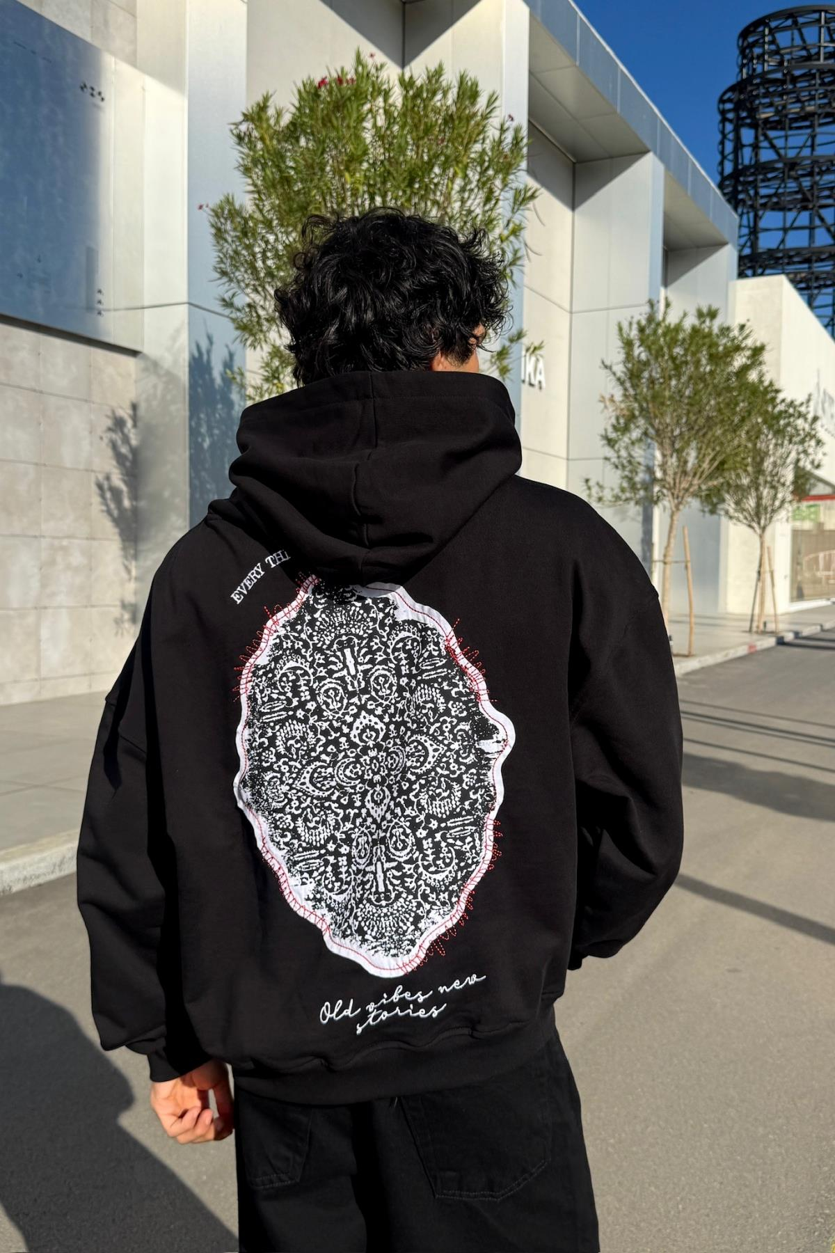 Old Vibes Nakışlı Siyah Oversize Hoodie JC01