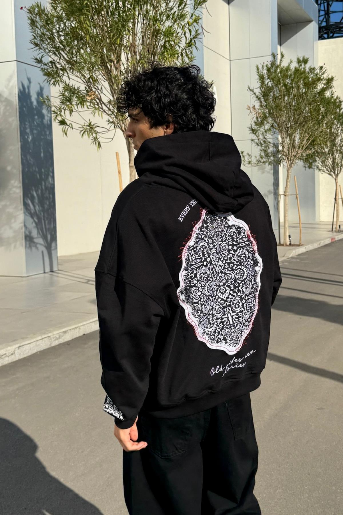 Old Vibes Nakışlı Siyah Oversize Hoodie JC01