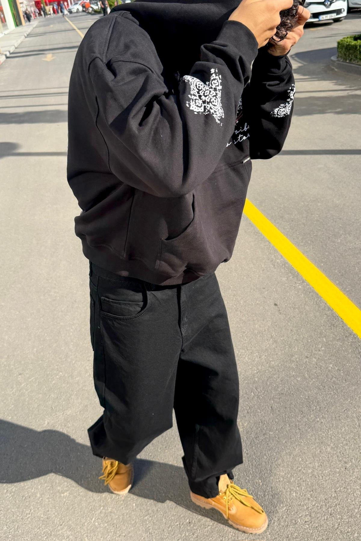 Old Vibes Nakışlı Siyah Oversize Hoodie JC01