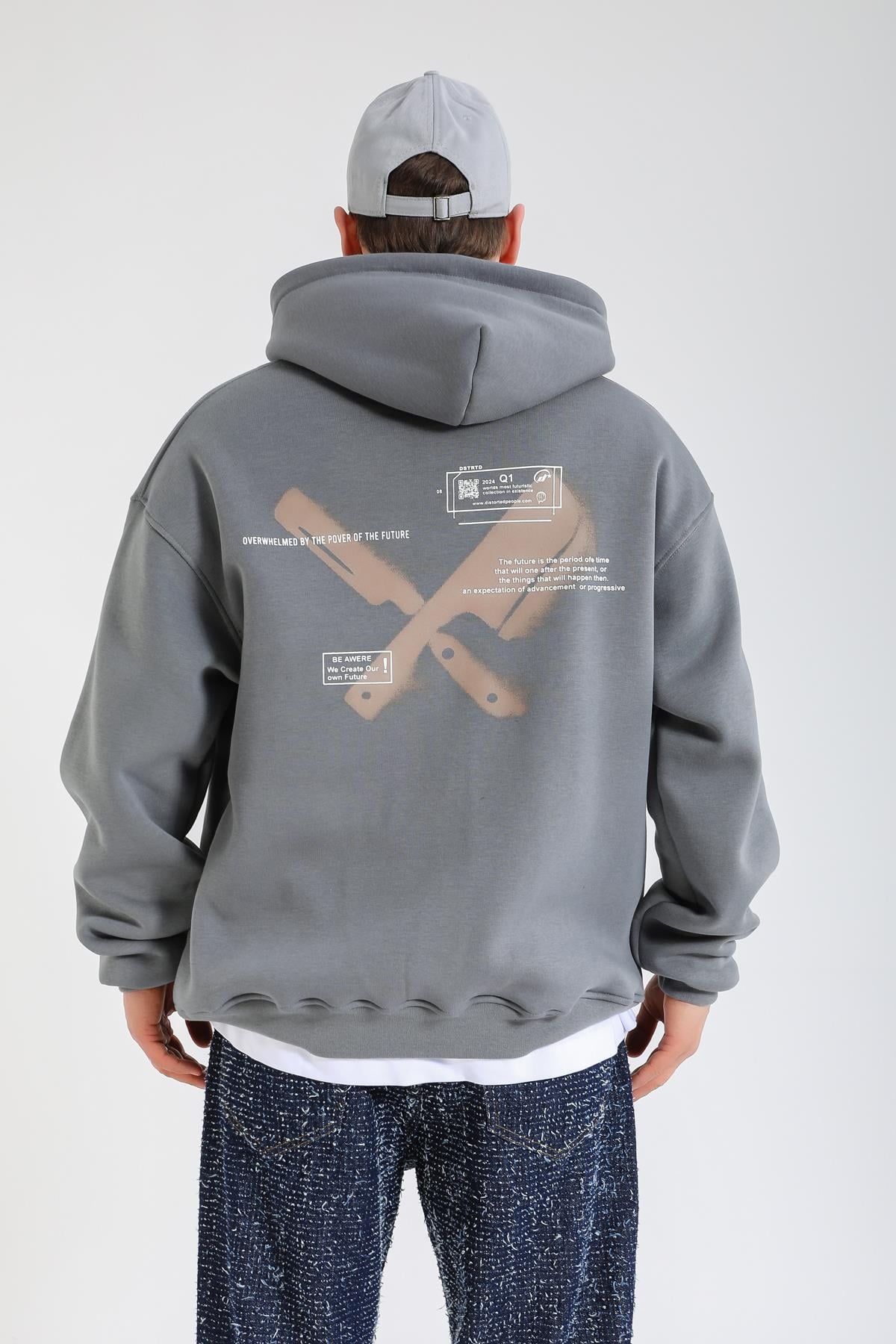 Overwhelmed Baskılı Gri Oversize Hoodie SW1383