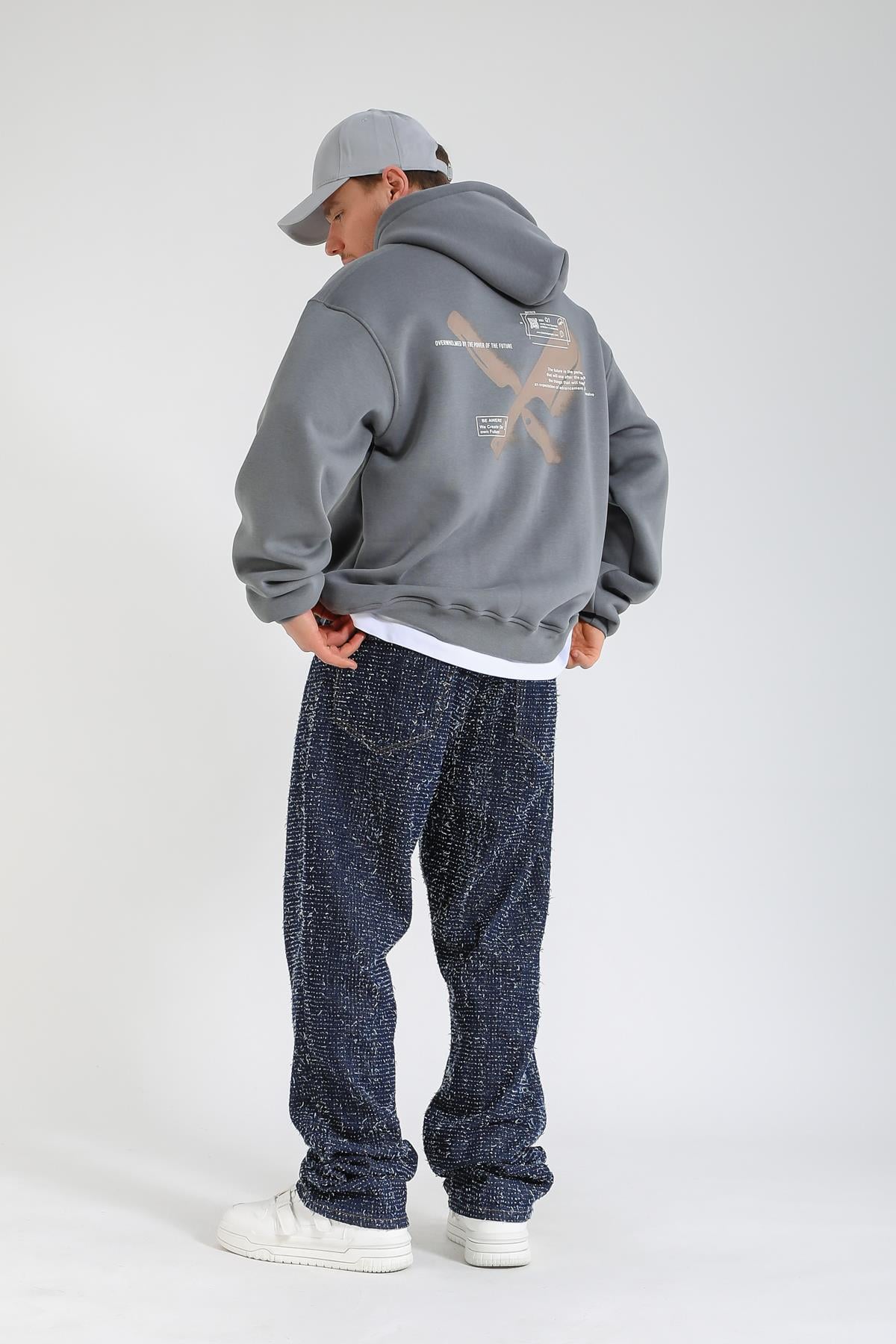 Overwhelmed Baskılı Gri Oversize Hoodie SW1383
