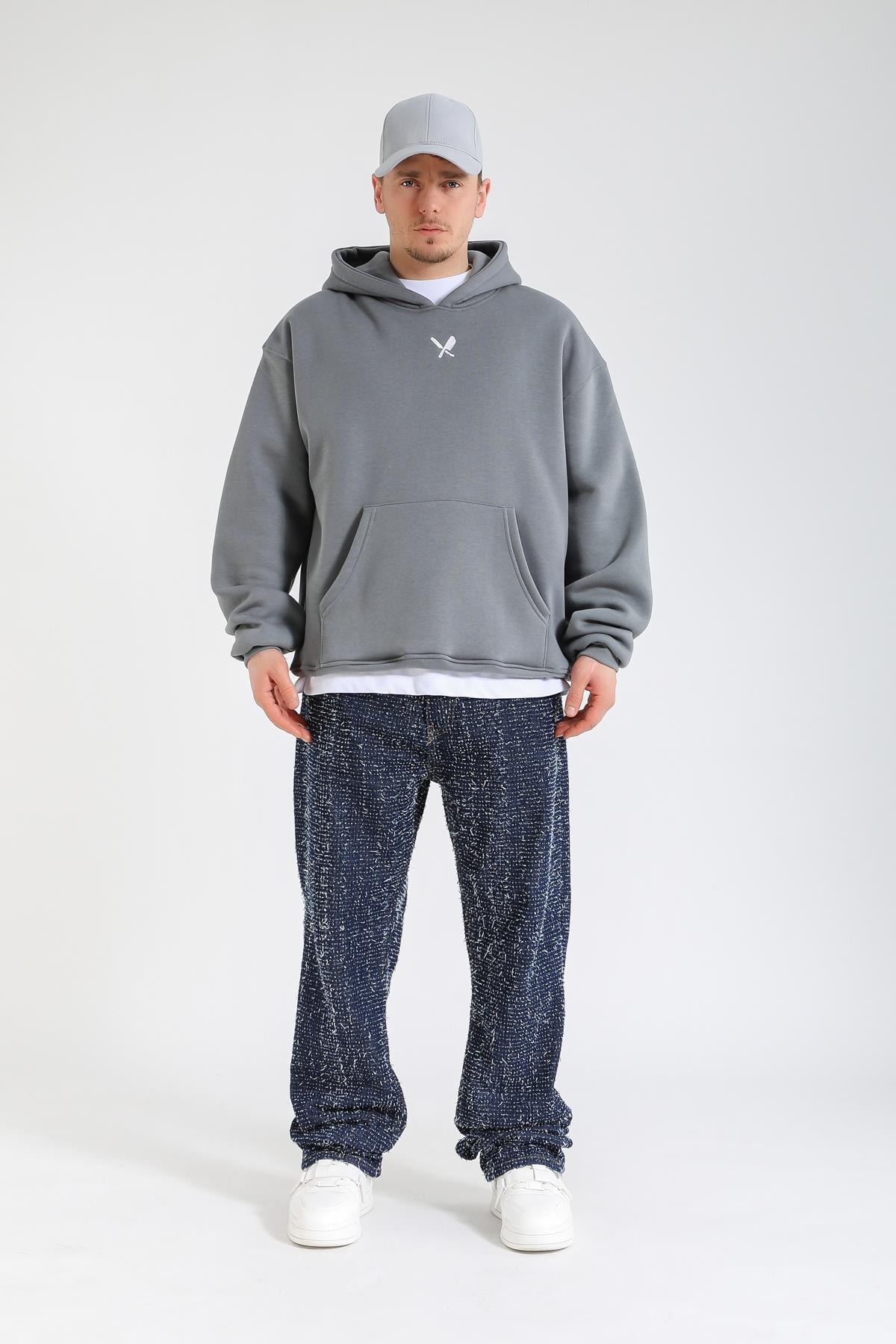 Overwhelmed Baskılı Gri Oversize Hoodie SW1383