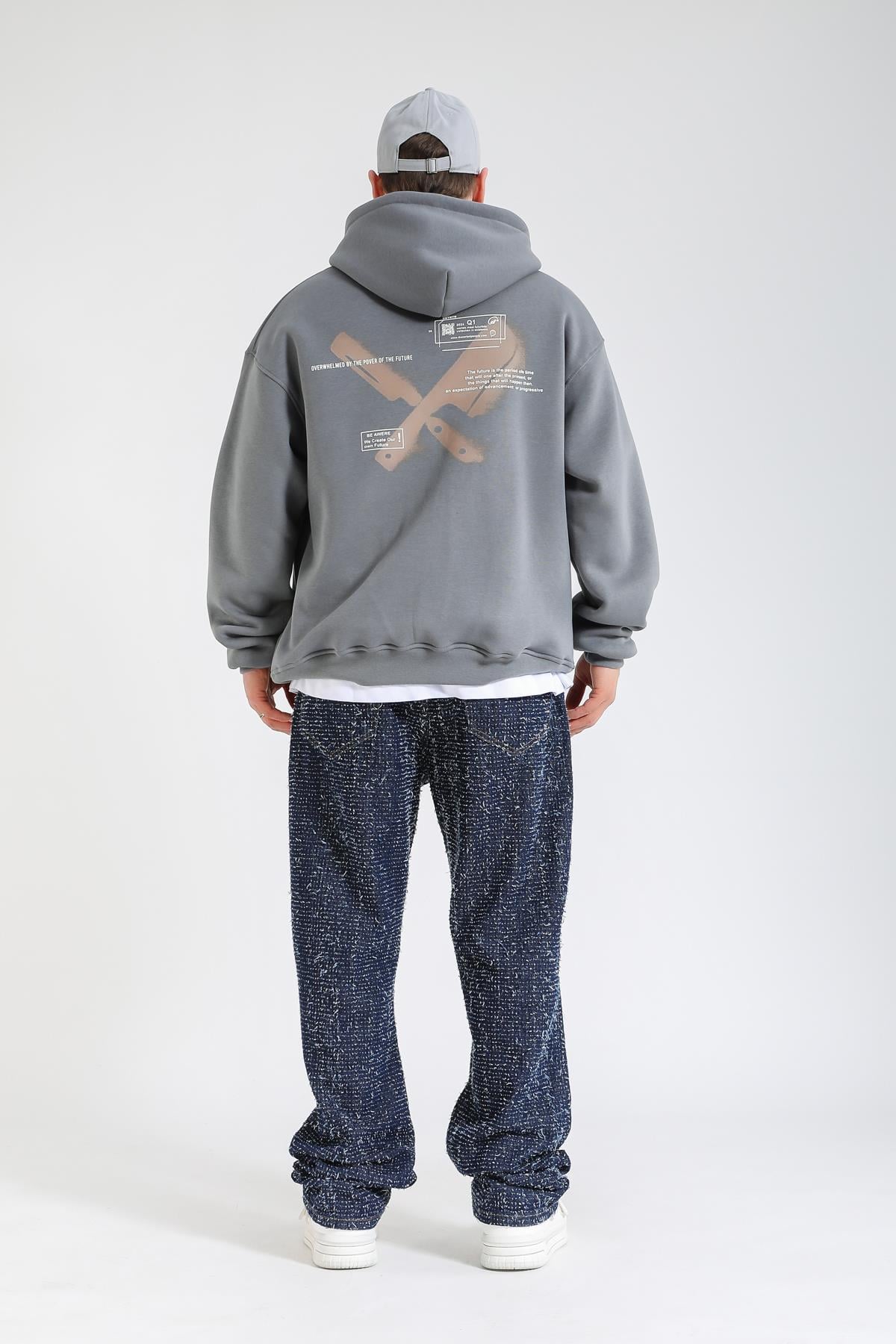 Overwhelmed Baskılı Gri Oversize Hoodie SW1383