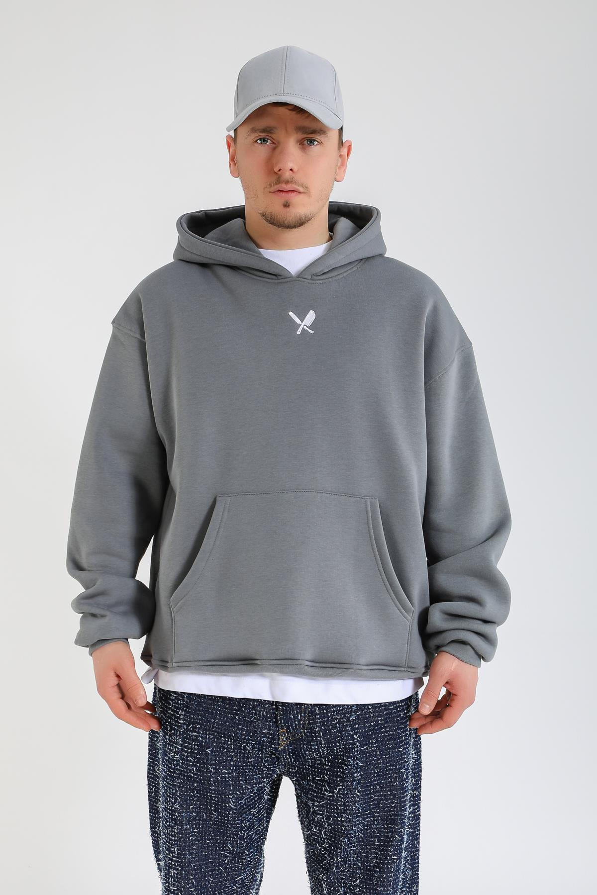 Overwhelmed Baskılı Gri Oversize Hoodie SW1383
