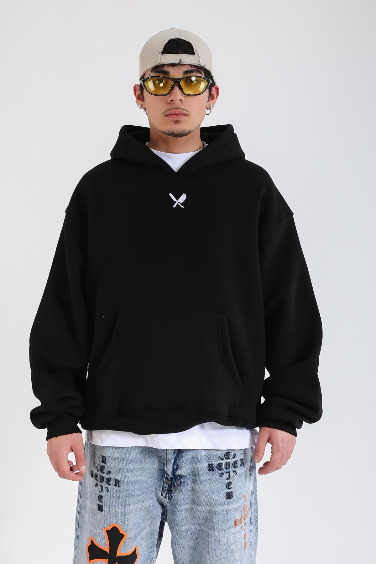 Overwhelmed Baskılı Siyah Oversize Hoodie SW1385