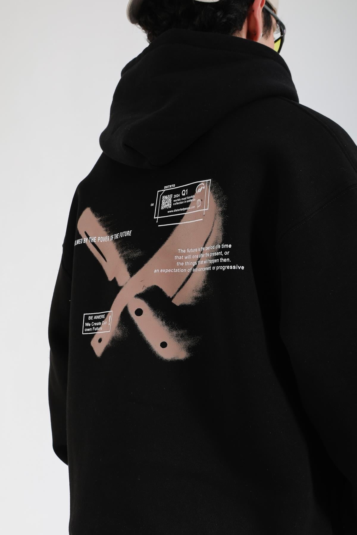 Overwhelmed Baskılı Siyah Oversize Hoodie SW1385