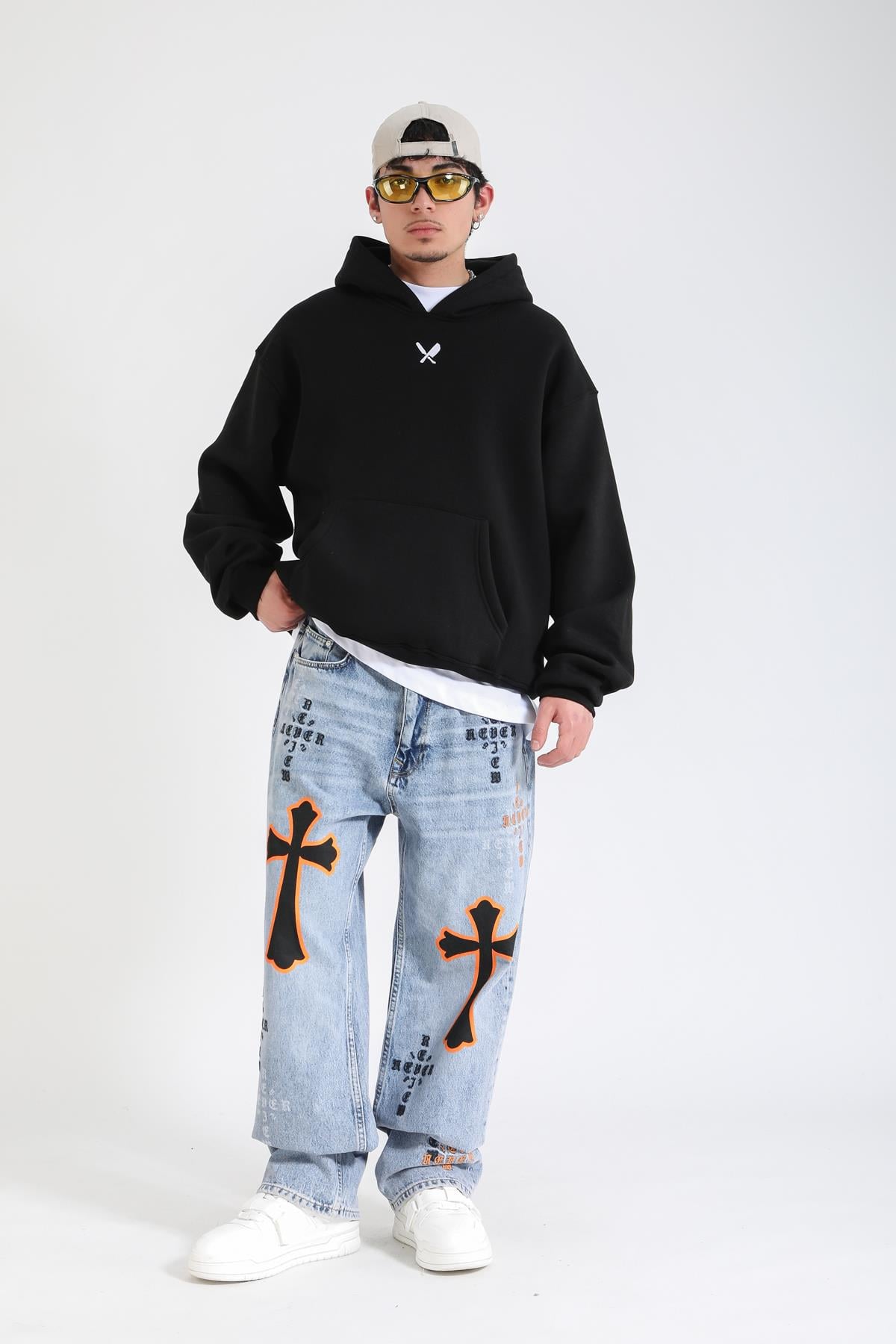 Overwhelmed Baskılı Siyah Oversize Hoodie SW1385