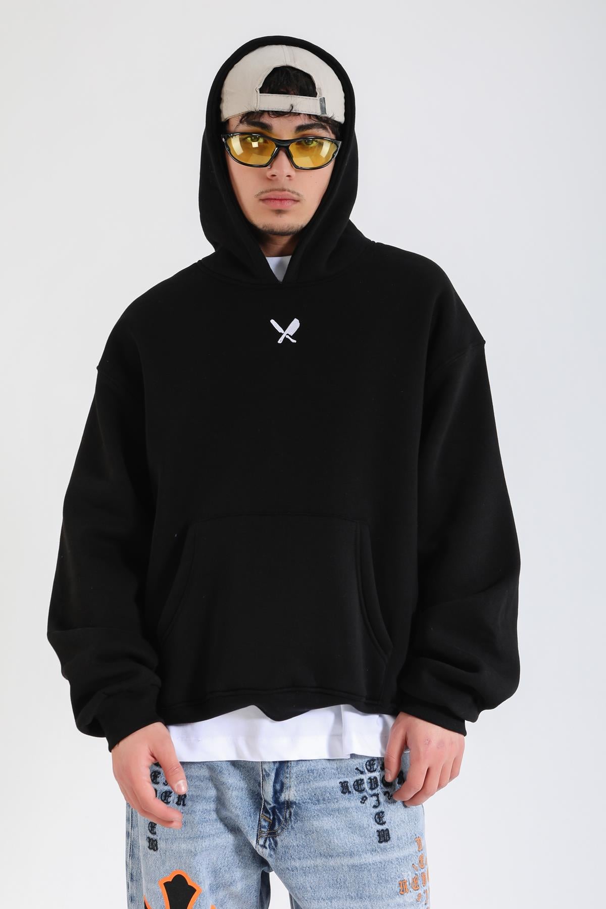 Overwhelmed Baskılı Siyah Oversize Hoodie SW1385