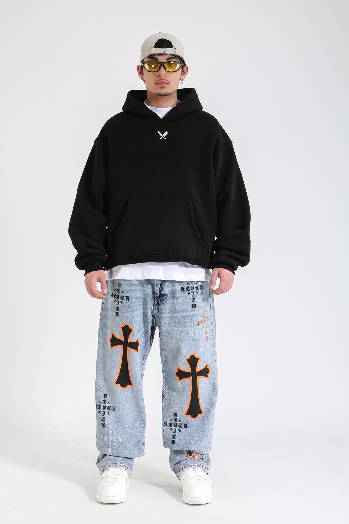 Overwhelmed Baskılı Siyah Oversize Hoodie SW1385