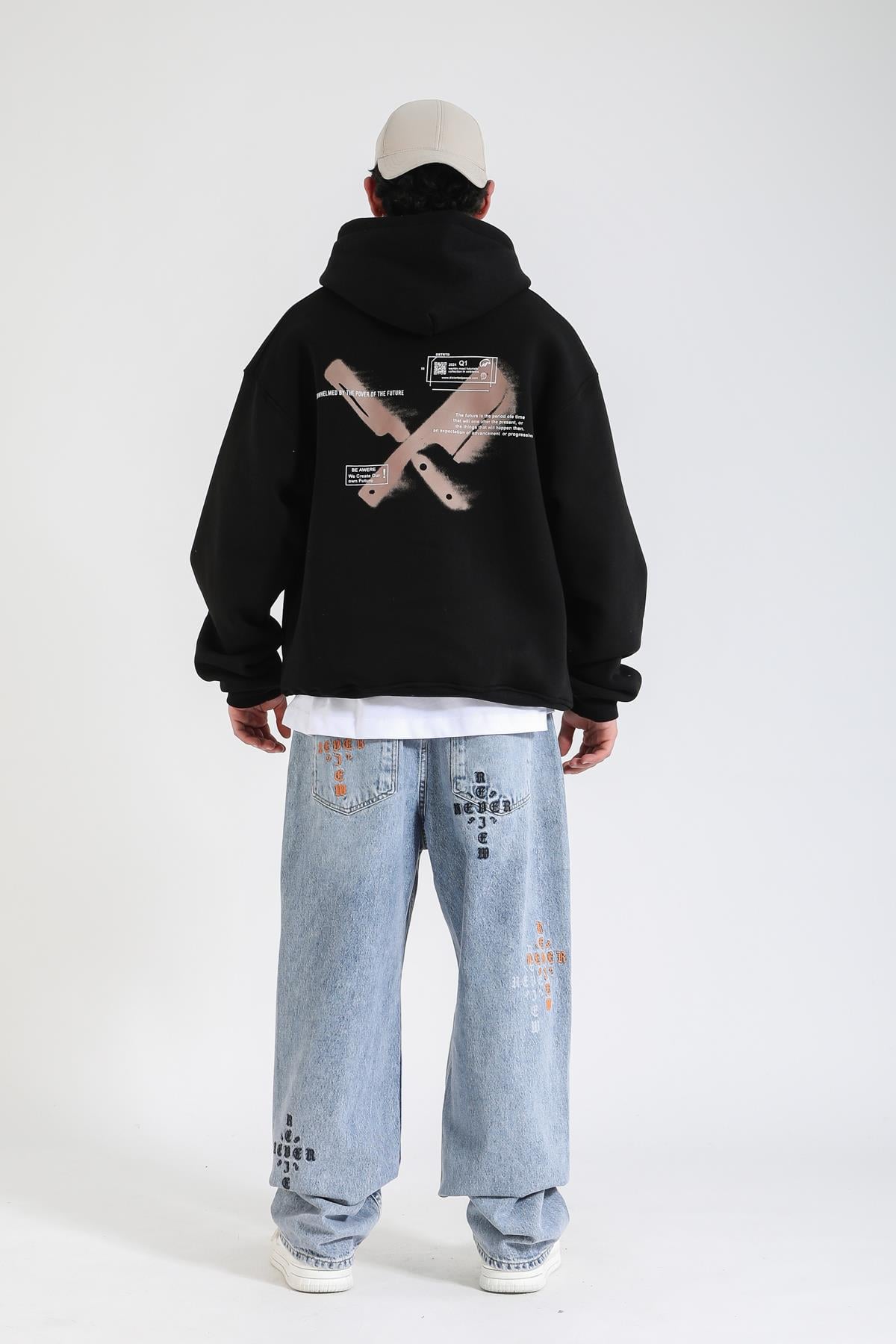 Overwhelmed Baskılı Siyah Oversize Hoodie SW1385