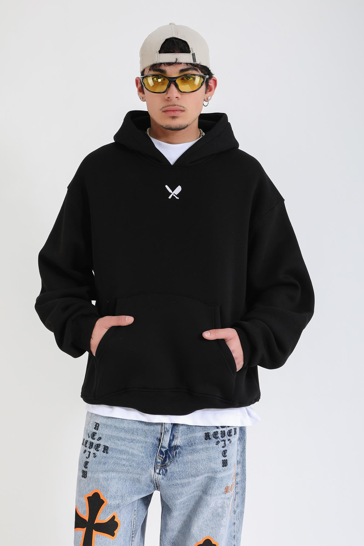 Overwhelmed Baskılı Siyah Oversize Hoodie SW1385