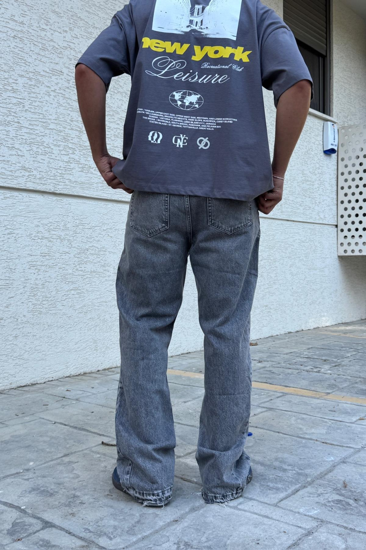 Paça Detay Gri Flare Jean Pantolon