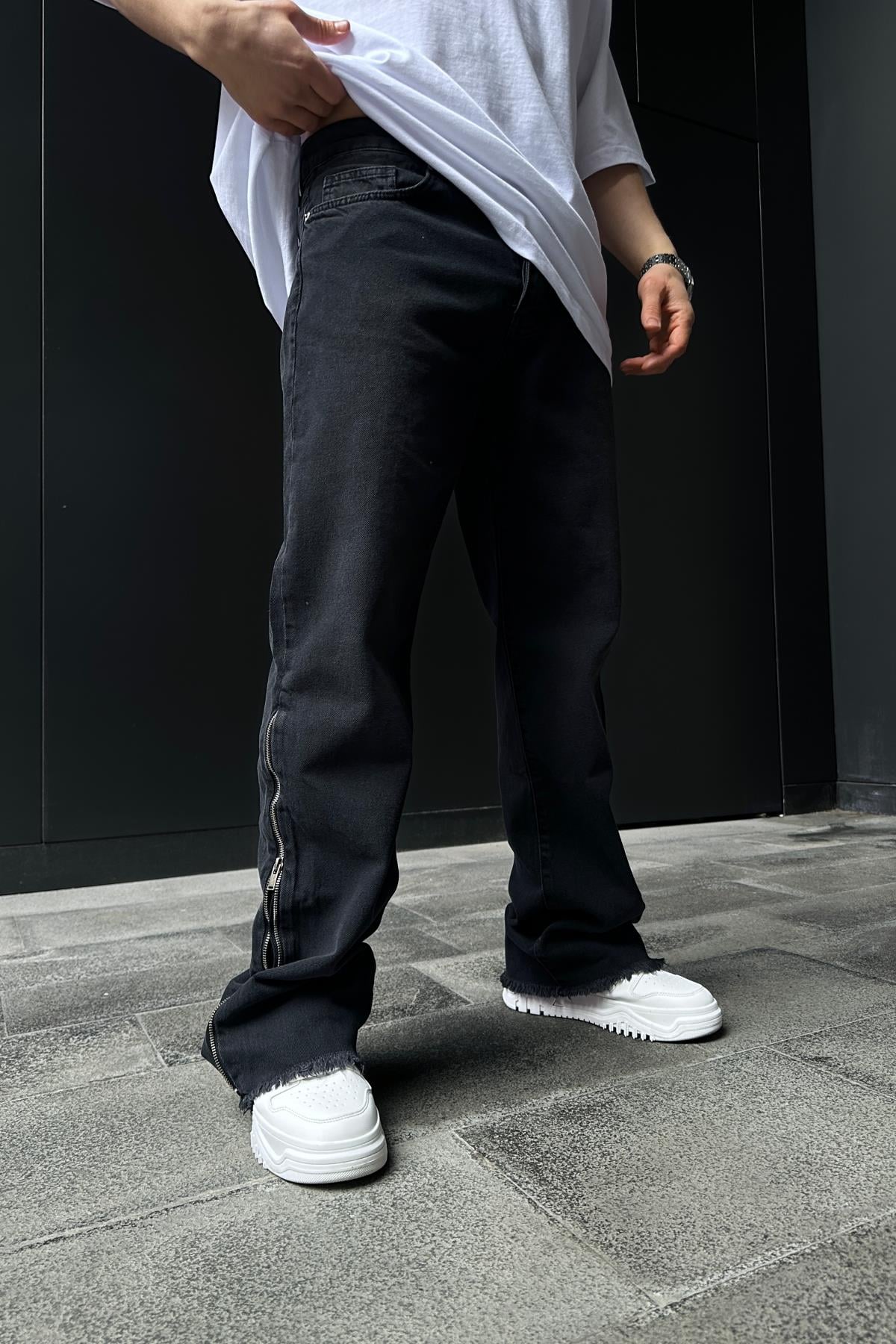 Paça Zip Detay Yıkamalı Baggy Jean Pantolon P866