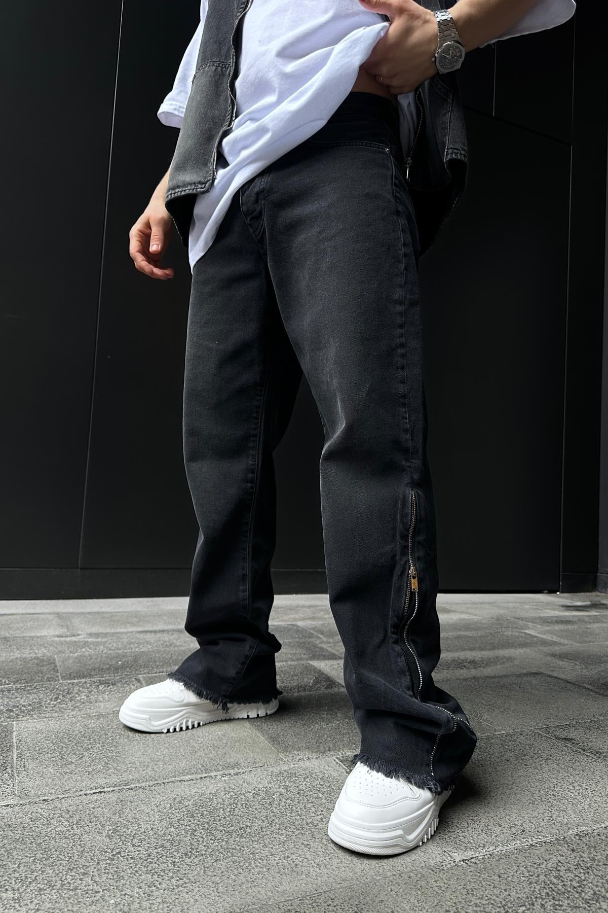 Paça Zip Detay Yıkamalı Baggy Jean Pantolon P866