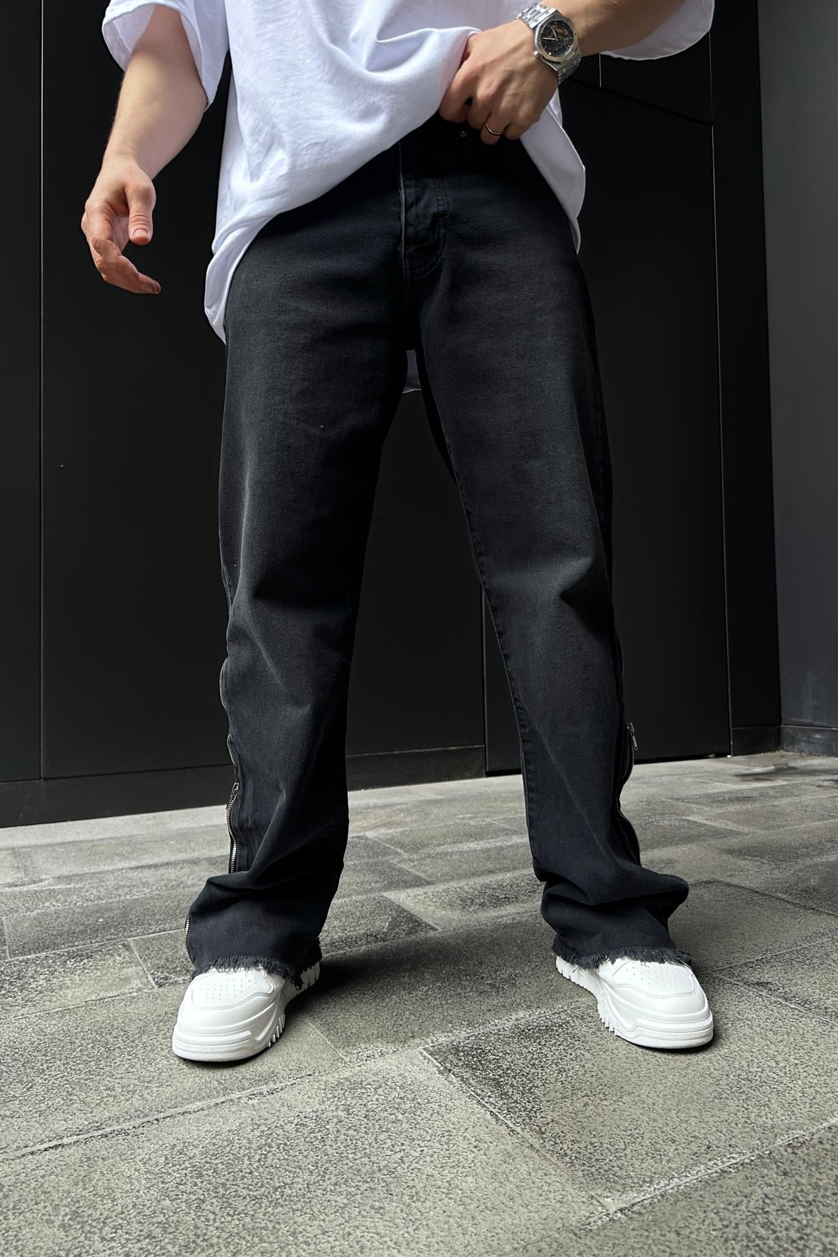 Paça Zip Detay Yıkamalı Baggy Jean Pantolon P866