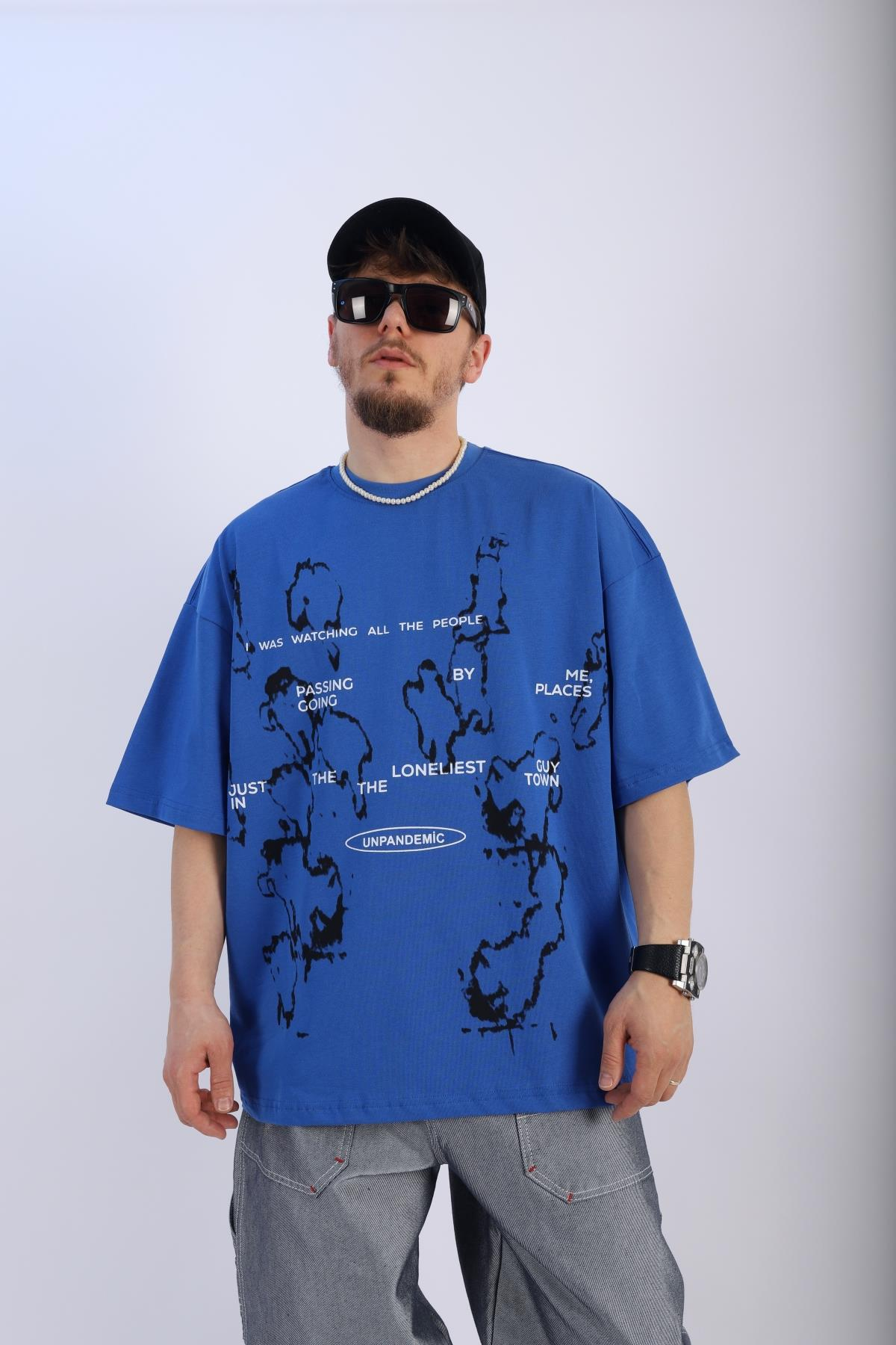 Pandemic Baskılı Mavi Oversize Tshirt T905