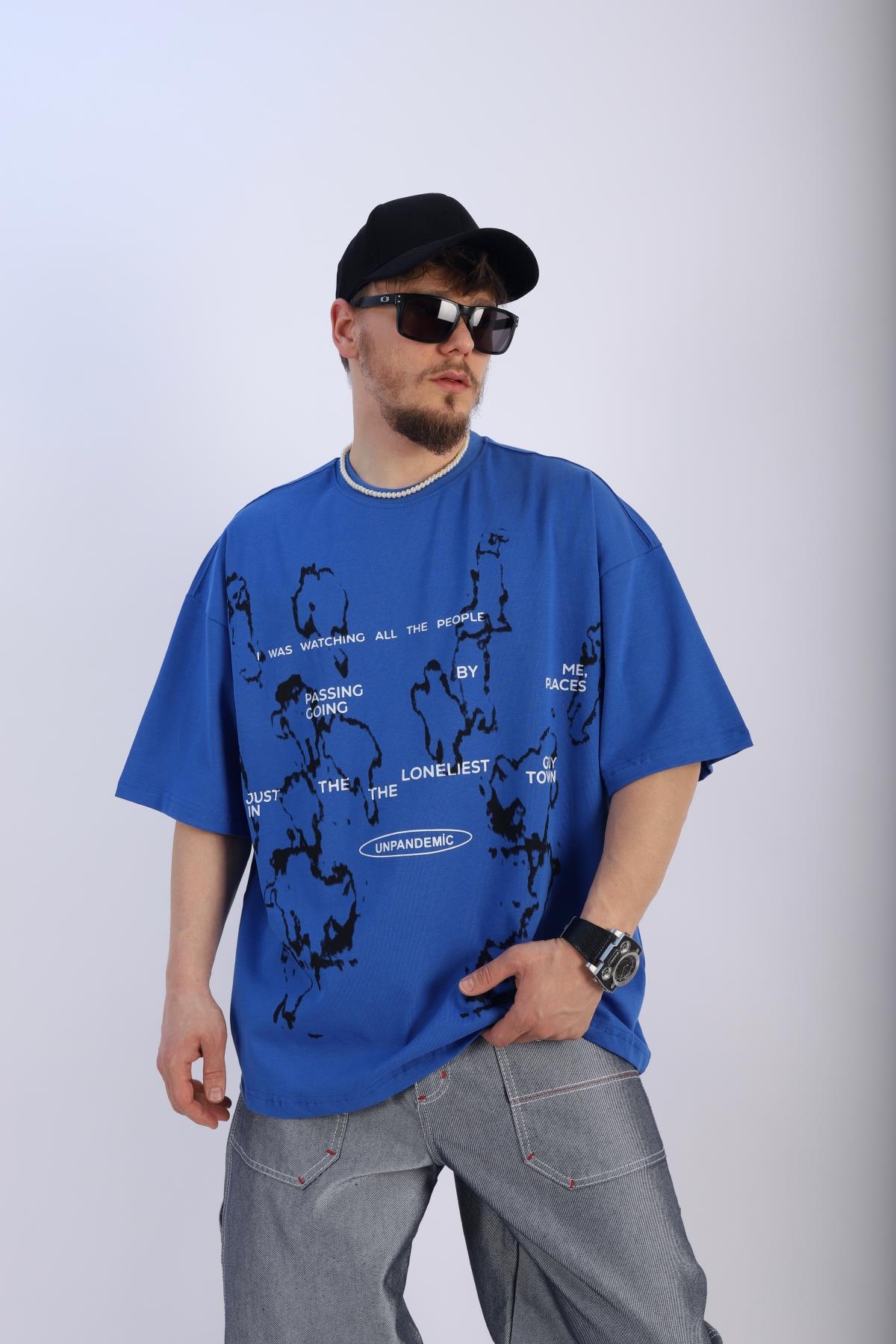 Pandemic Baskılı Mavi Oversize Tshirt T905