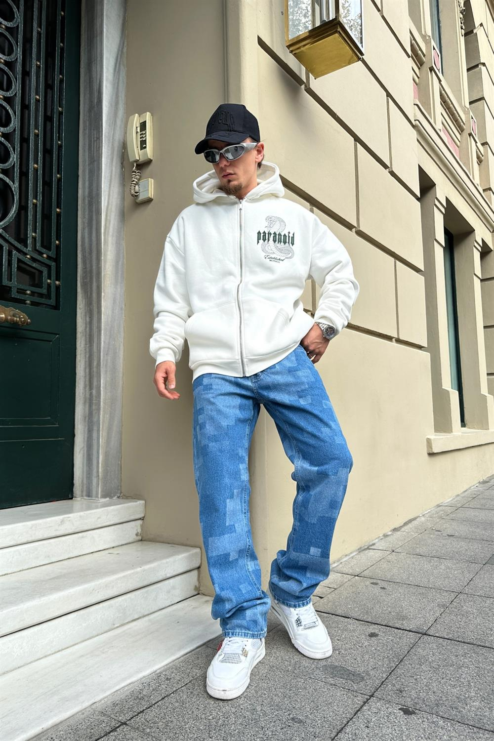 Paranoid Baskılı Krem Oversize Zipper Sweatshirt SW887