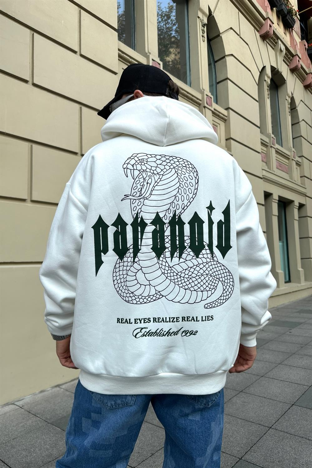 Paranoid Baskılı Krem Oversize Zipper Sweatshirt SW887