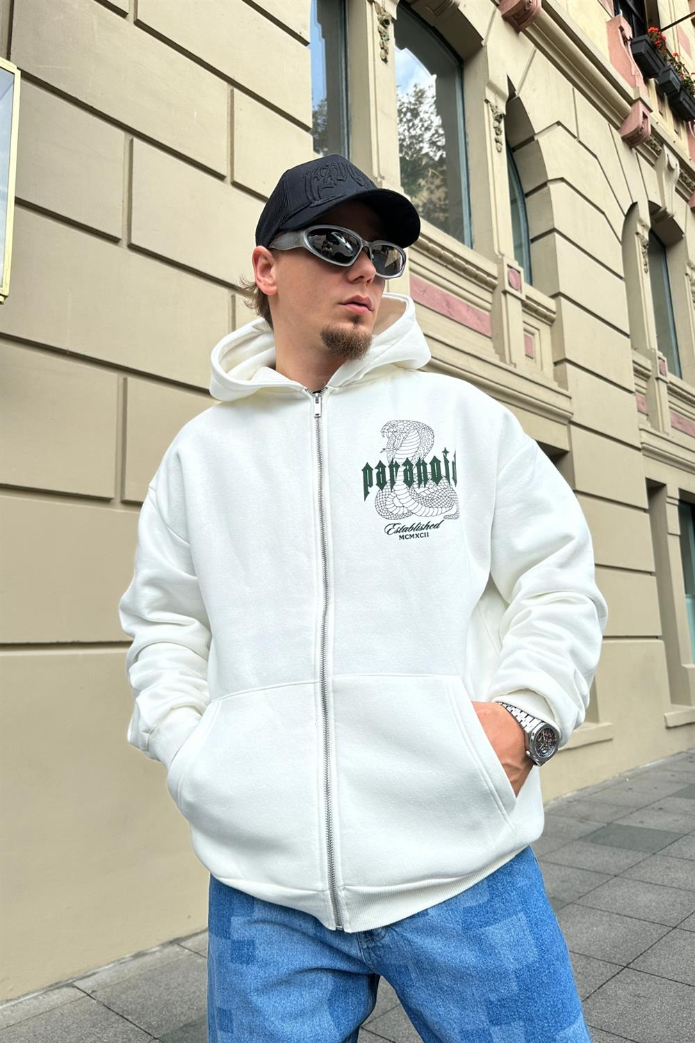 Paranoid Baskılı Krem Oversize Zipper Sweatshirt SW887