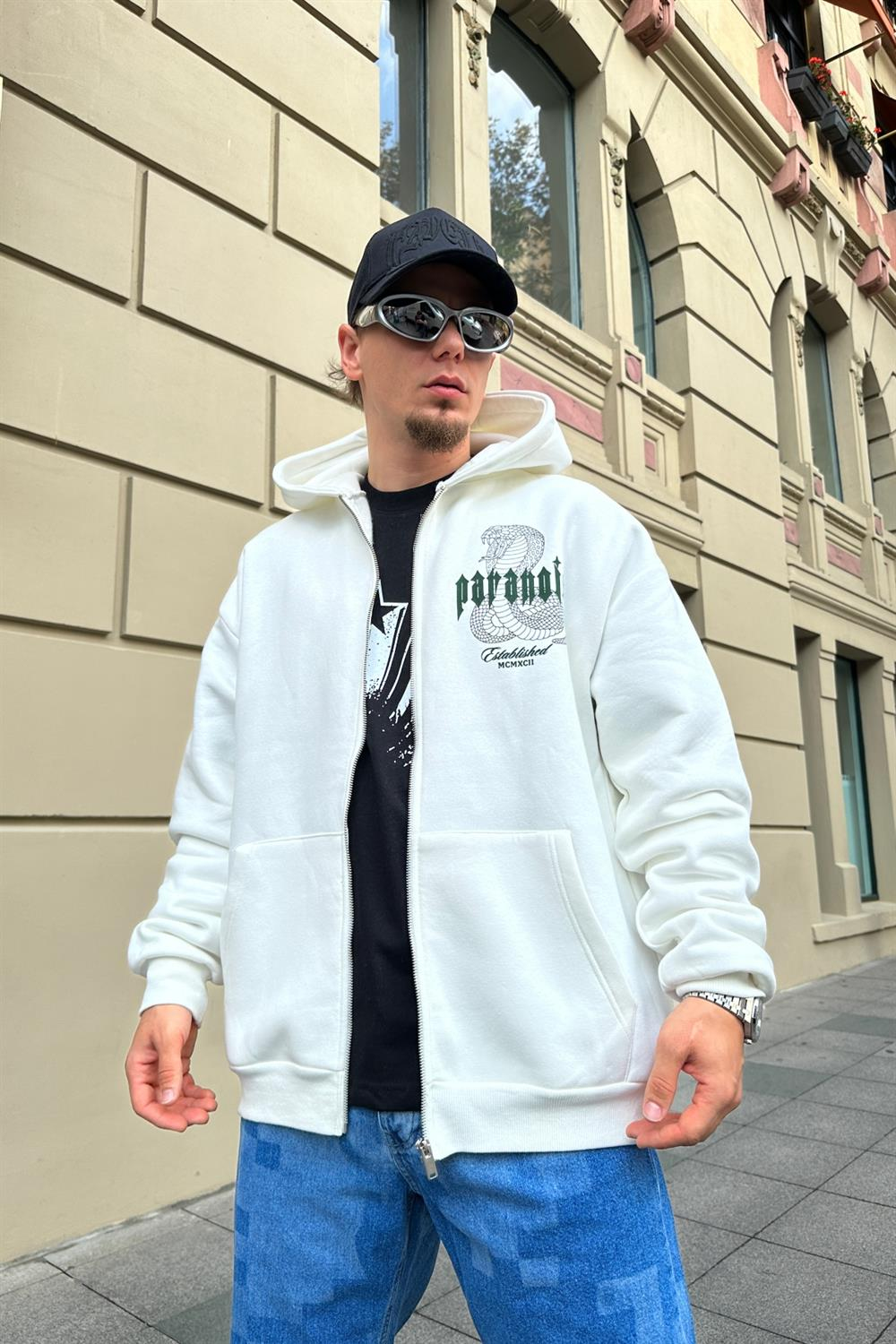 Paranoid Baskılı Krem Oversize Zipper Sweatshirt SW887