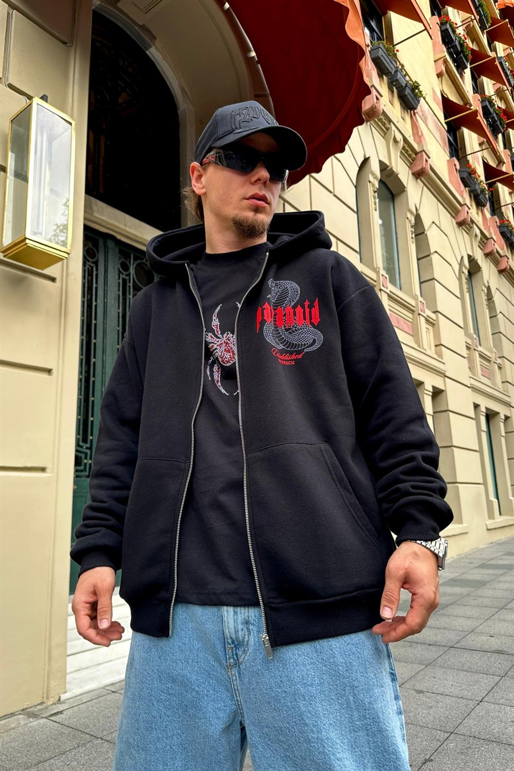 Paranoid Baskılı Siyah Oversize Zipper Sweatshirt SW885