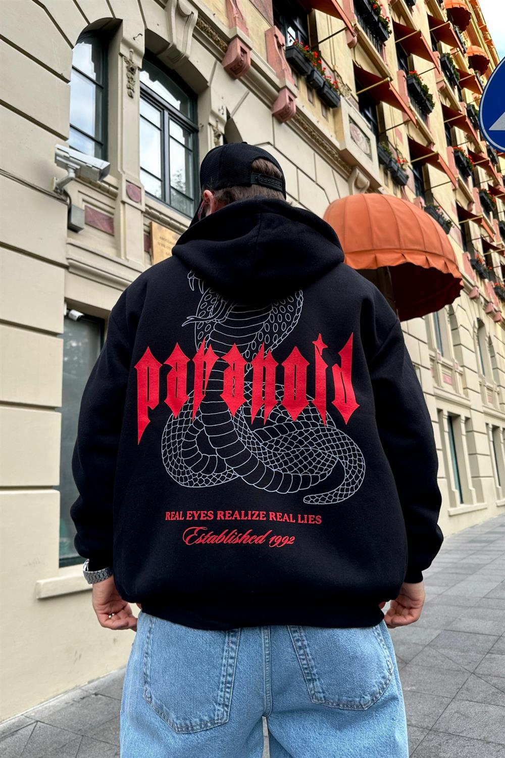 Paranoid Baskılı Siyah Oversize Zipper Sweatshirt SW885