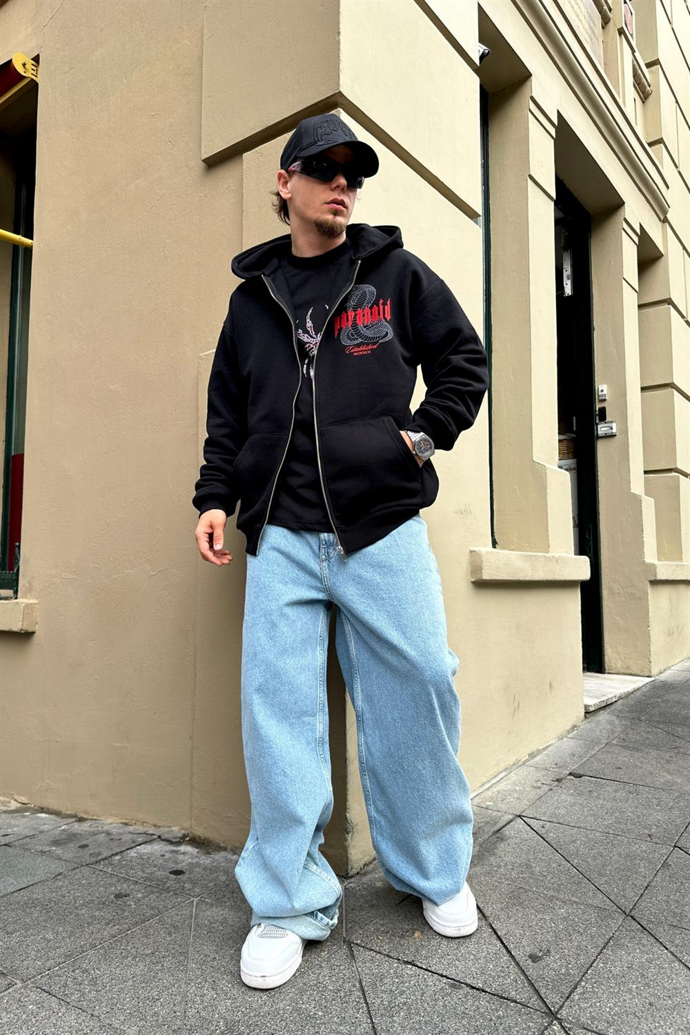 Paranoid Baskılı Siyah Oversize Zipper Sweatshirt SW885