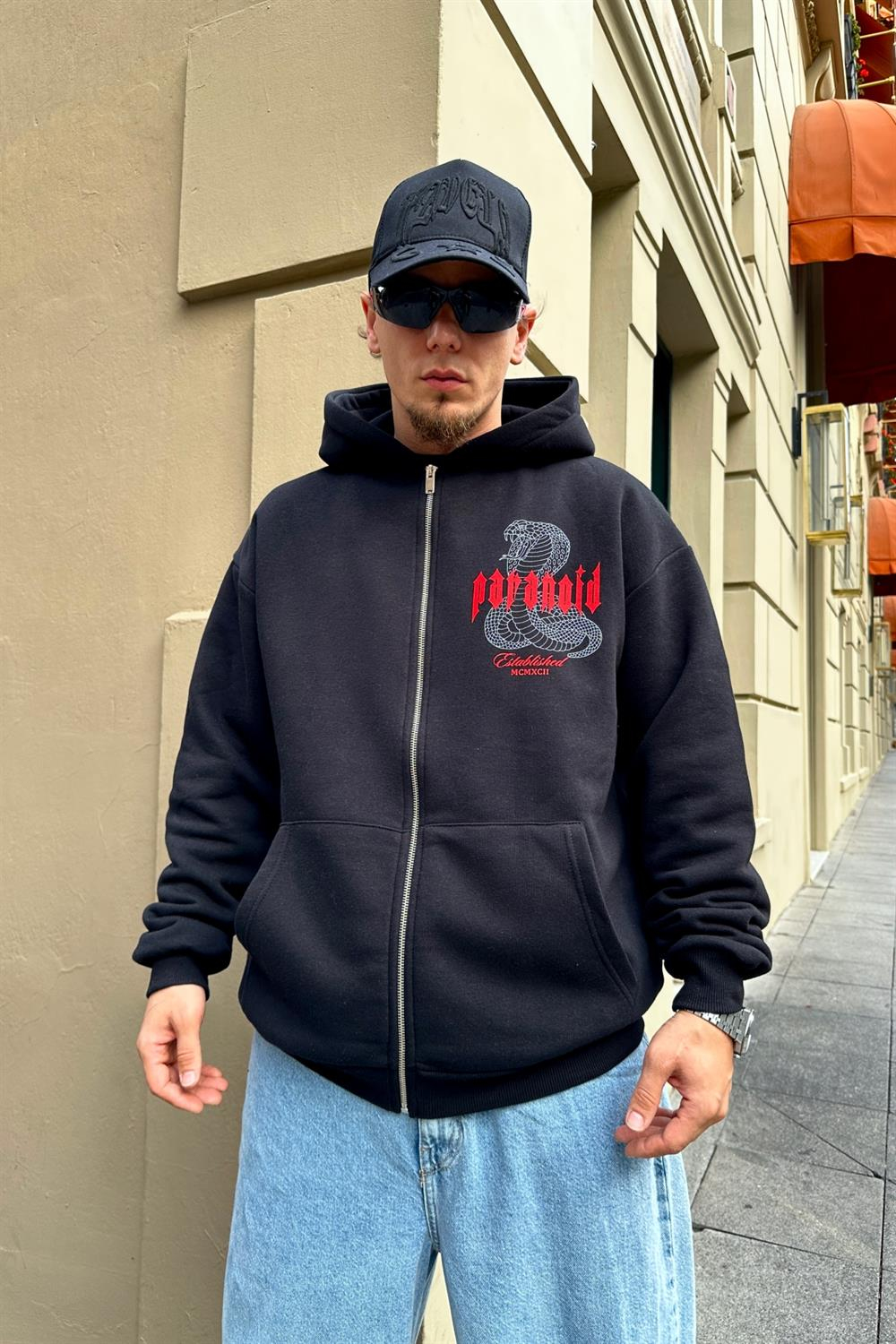Paranoid Baskılı Siyah Oversize Zipper Sweatshirt SW885