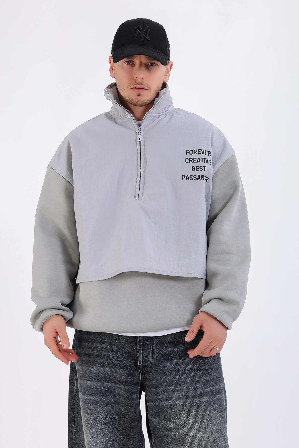 Paraşüt Polar Kumaş Yarım Fermuar Oversize Hoodie SW1341
