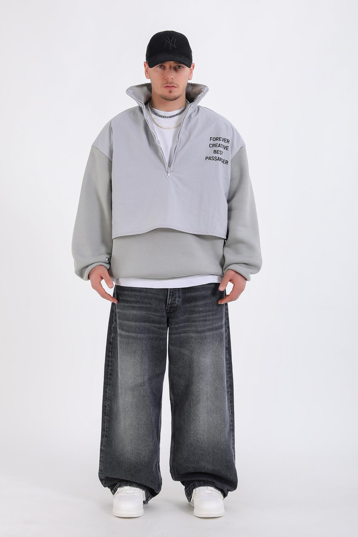 Paraşüt Polar Kumaş Yarım Fermuar Oversize Hoodie SW1341